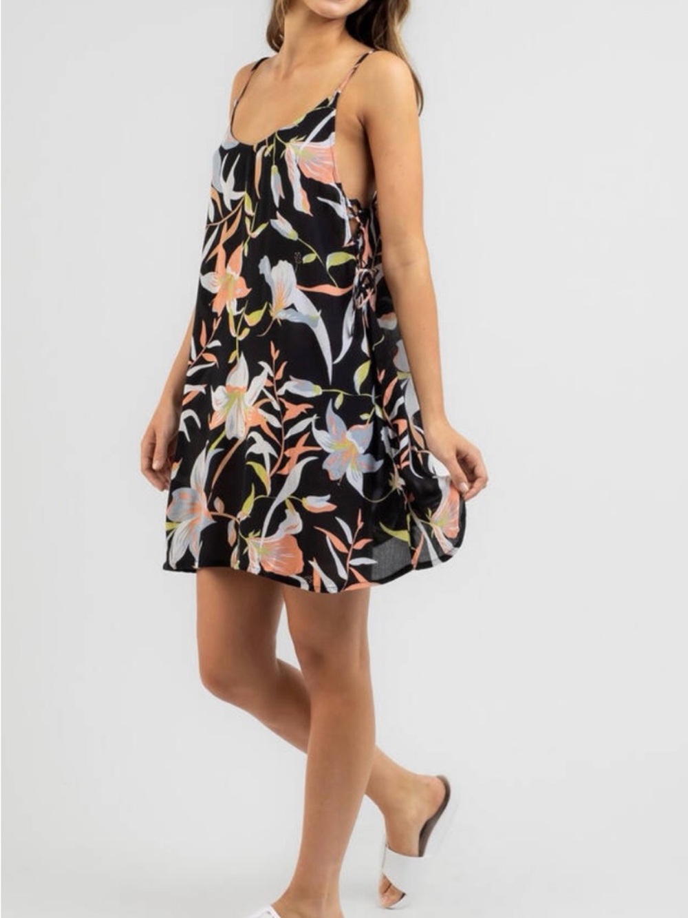 Billabong Black Floral Spaghetti Strap Swing Dress